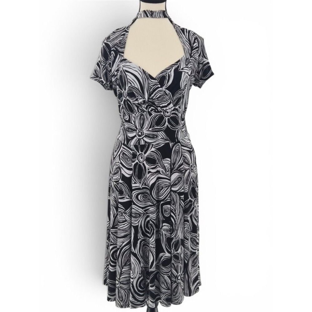 WHBM Vintage Black White Floral Midi Dress M Neck or Waist Tie Retro Made in USA